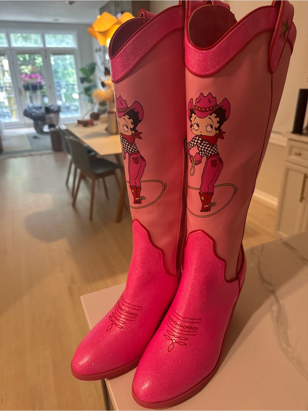 Betty Boop Pink Glitter Western Knee Boots with Gold Star Accents
